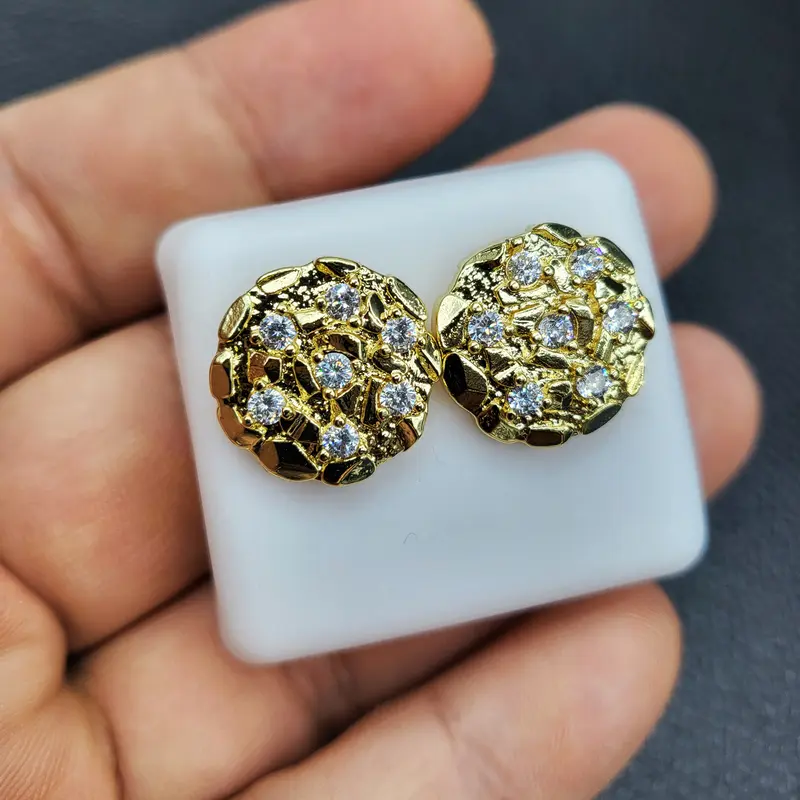 MaxBling81 Unisex High-Quality Brass Gold Nugget Cookie-Shape Iced Stud Earrings - 3 Sizes (12mm/14mm/16mm) Cubic Zirconia Statement Piece Costume Jewelry for Everyday Wear