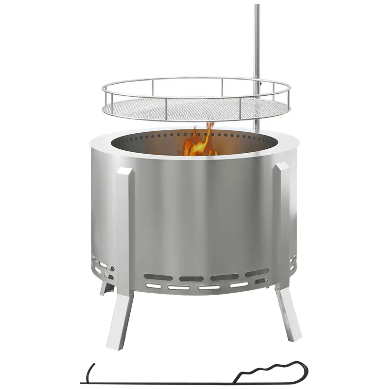 Outsunny 2-in-1 Stainless Steel Smokeless Fire Pit - 19" Portable Wood-Burning Firepit with BBQ Grill Grate, Poker, Low-Smoke Camping Stove for Backyard, Patio
