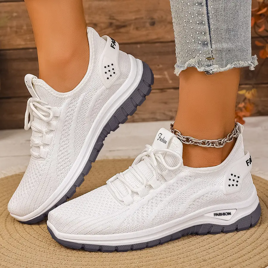 OFIREND Women's Low-Top Athletic Lace-Up Sneakers, Breathable White Knit Mesh Fabric Trainers, Lightweight Cushioned Platform, Round Toe, All-Seasons All-Day Casual Trainers, Fashionable Functional Daily Footwear for Commuting