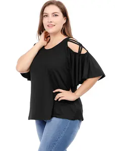 Agnes Orinda Women's Plus Size T Shirts Trumpet Short Sleeves Strappy Cold Shoulder Tops