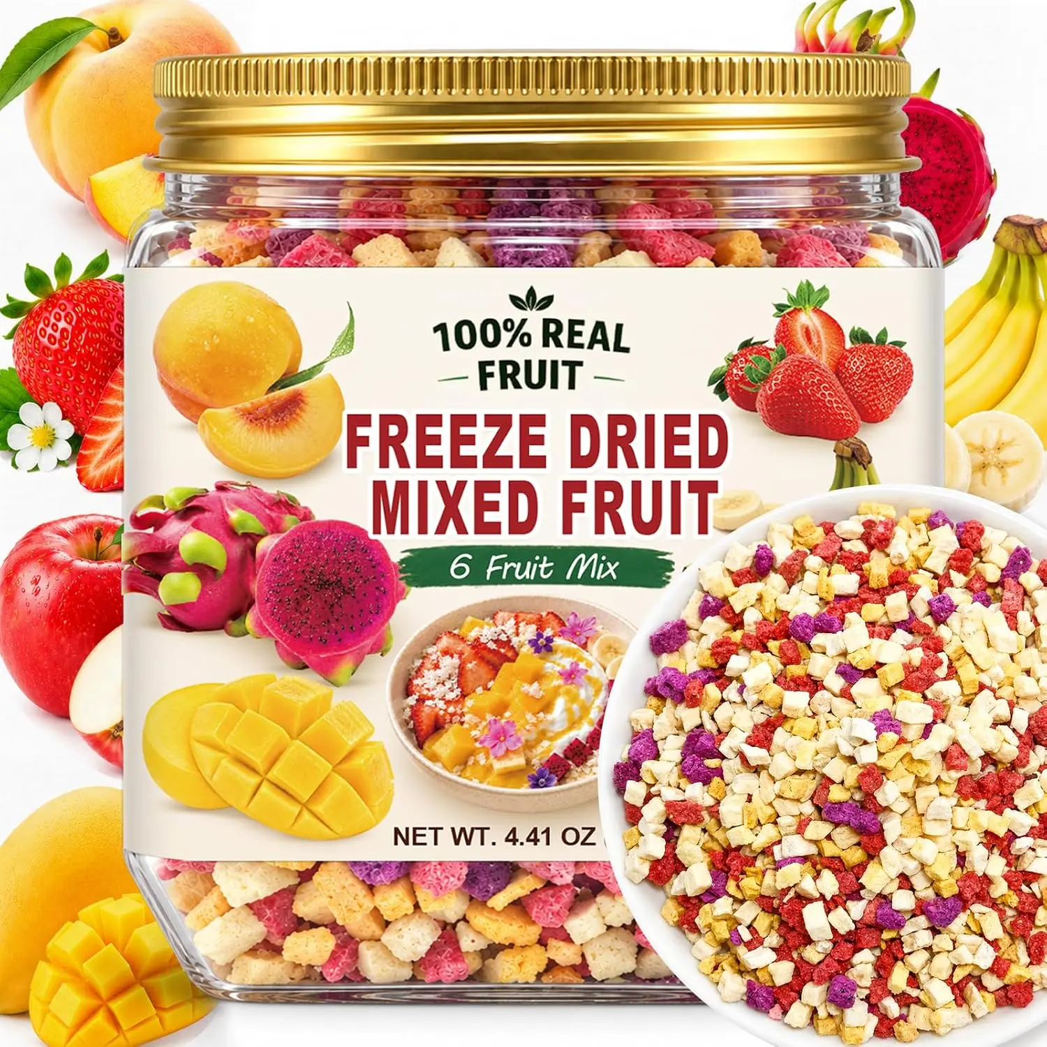 Natural Freeze-Dried Mixed Fruit Pieces with Strawberry - 4.41 oz, for Snacking & Baking