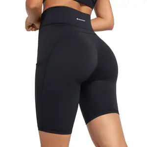 GymCope Women's 8" High Waist Yoga Shorts for Women Athletic Biker Shorts Workout Shorts Tummy Control Deep Pockets Quick-Dry Fabric Black Size L