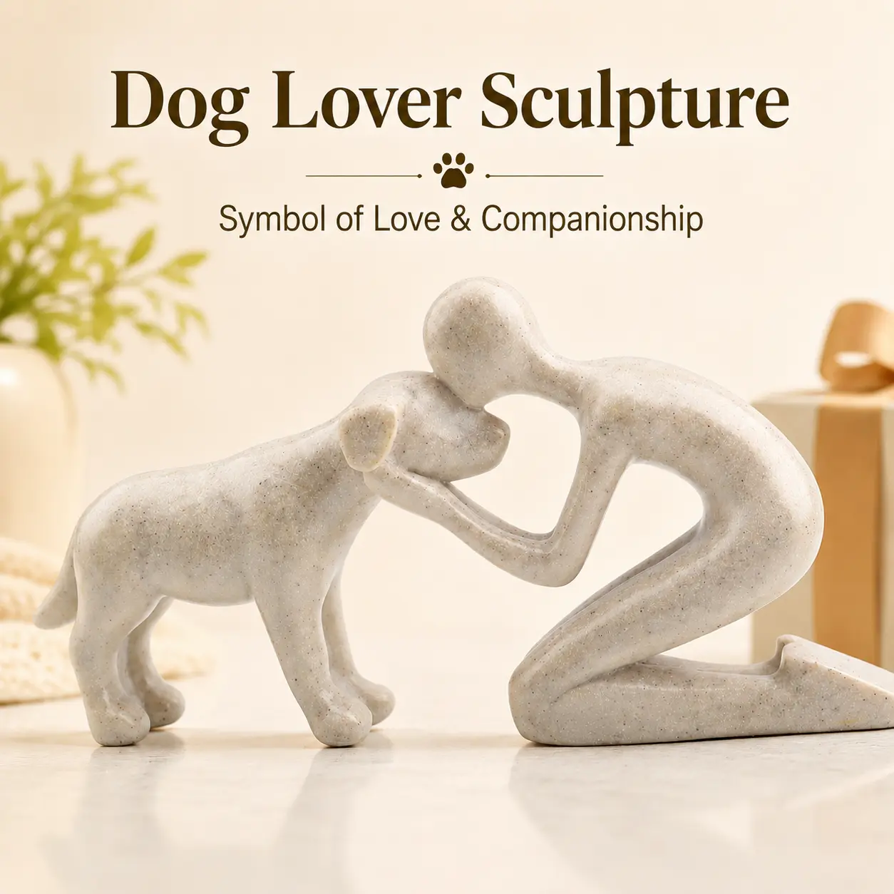 Dog Lover Gift Sculpture, Man and Dog Resin Statue, Meaningful Emotional Gift for Women, Minimalist Home Decor Ornament for Desk Shelf