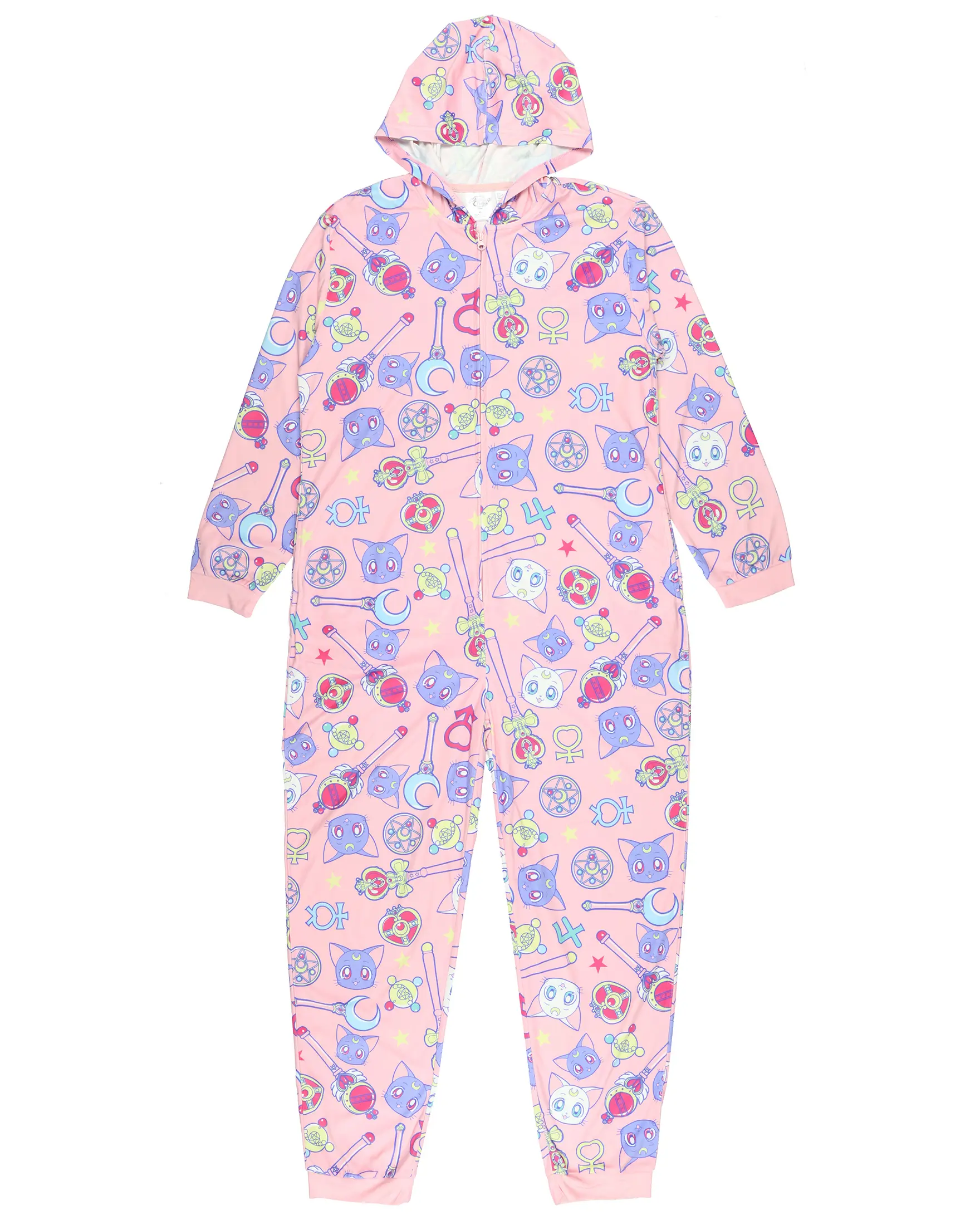 Sailor Moon Anime Manga Series Women's Wands Luna Artemis Hooded Zip Up Footless Union Suit Pajama Sleepwear with Pockets, Onesie, Ribbed, Crystal, Multicolored