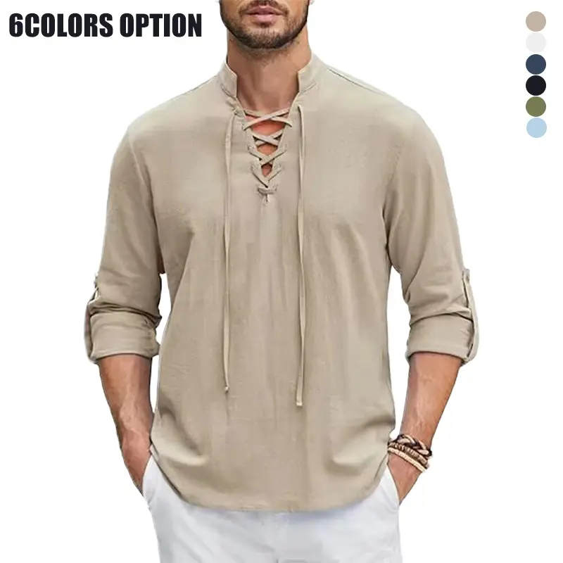 Men’s stand collar long-sleeve shirt with crisscross straps, solid color with cutout design and tie detail, roll-up sleeves, breathable casual shirt for vacations and the beach