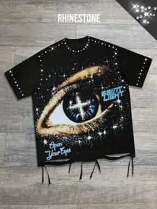 Y2K style Broken hole t-shirt, rhinestone short sleeved t-shirt, unisex, eye print short sleeved cotton shirt, aesthetic geometric shizijia shirt, European and American street trend short sleevedAmerican retro style Fashion Streetwear Man Tassel
