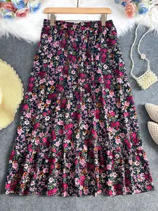 Plus Size Boho Style Skirt, Spring & Fall Women's Vacation Floral Print Layered Ruched High Waist Swing Skirt, Casual Knee-Length Dress