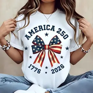 America 250 Stars And Stripes Bow Print T Shirt White Crew Neck Casual Top For Independence Day Celebration,4th of July Women Streetwear Top