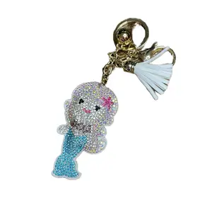 Rhinestone Hair Blue Mermaid Keychain with Sparkling Design and Tassel Accents for Fashion Accessories