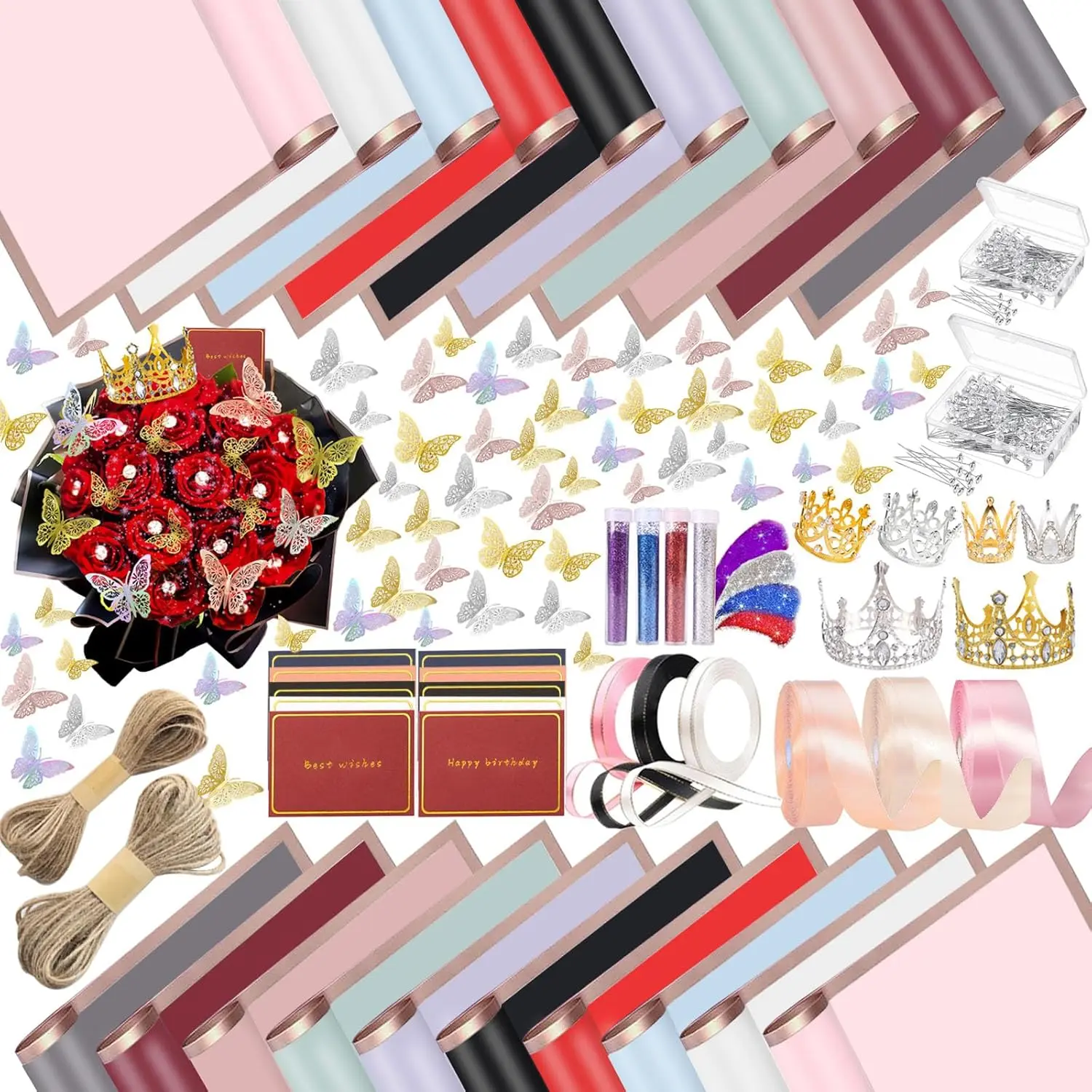 488 count Flower Wrapping Paper Kit 200 Sheets  Floral Wrapping Paper with 3D Butterfly Decor Crowns Bouquet Pins Ribbons,DIY Crafts for Mother's Day Valentines Graduation Birthday Gift (A)