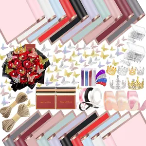 488 count Flower Wrapping Paper Kit 200 Sheets  Floral Wrapping Paper with 3D Butterfly Decor Crowns Bouquet Pins Ribbons,DIY Crafts for Mother's Day Valentines Graduation Birthday Gift (A)