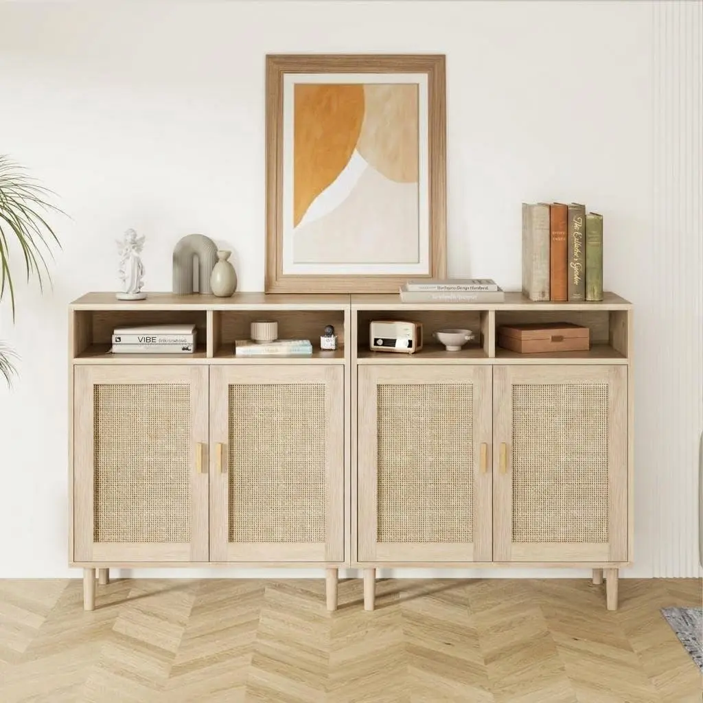 Rattan buffet cabinet sideboard, 4-door entryway storage cabinet set with adjustable shelves, handwoven accent furniture for kitchen, dining room, living room, hallway chicken nesting box outdoor sectional set conversation auto repair garage