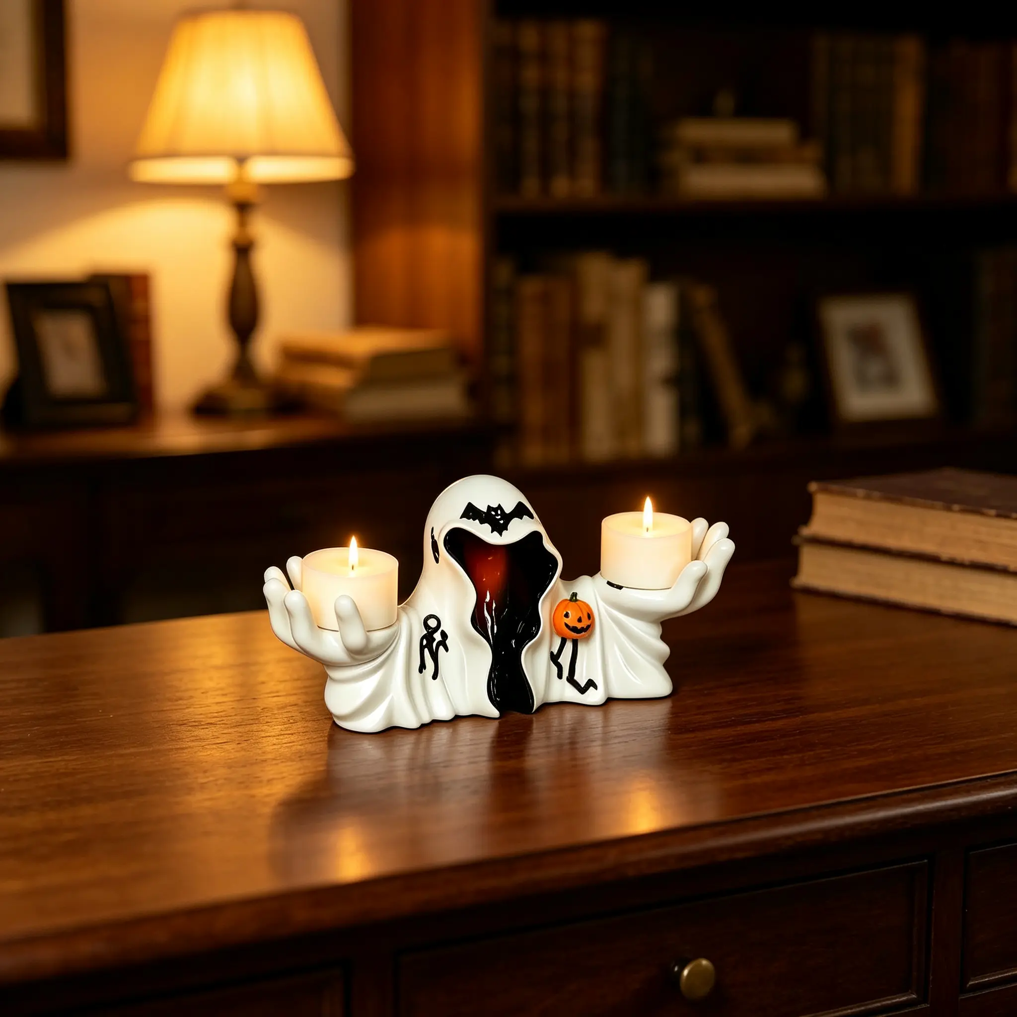 White-robed mage candlestick, Death God Halloween decoration, party bar counter, entrance area atmosphere resin handicraft