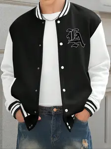 Men's Baseball Jacket, Casual Colorblock Letter Print Long Sleeve, Pilot Coat, College Team Jacket, Autumn Winter Outdoor Wear, Regular Fit, Sports Fabric, Menswear