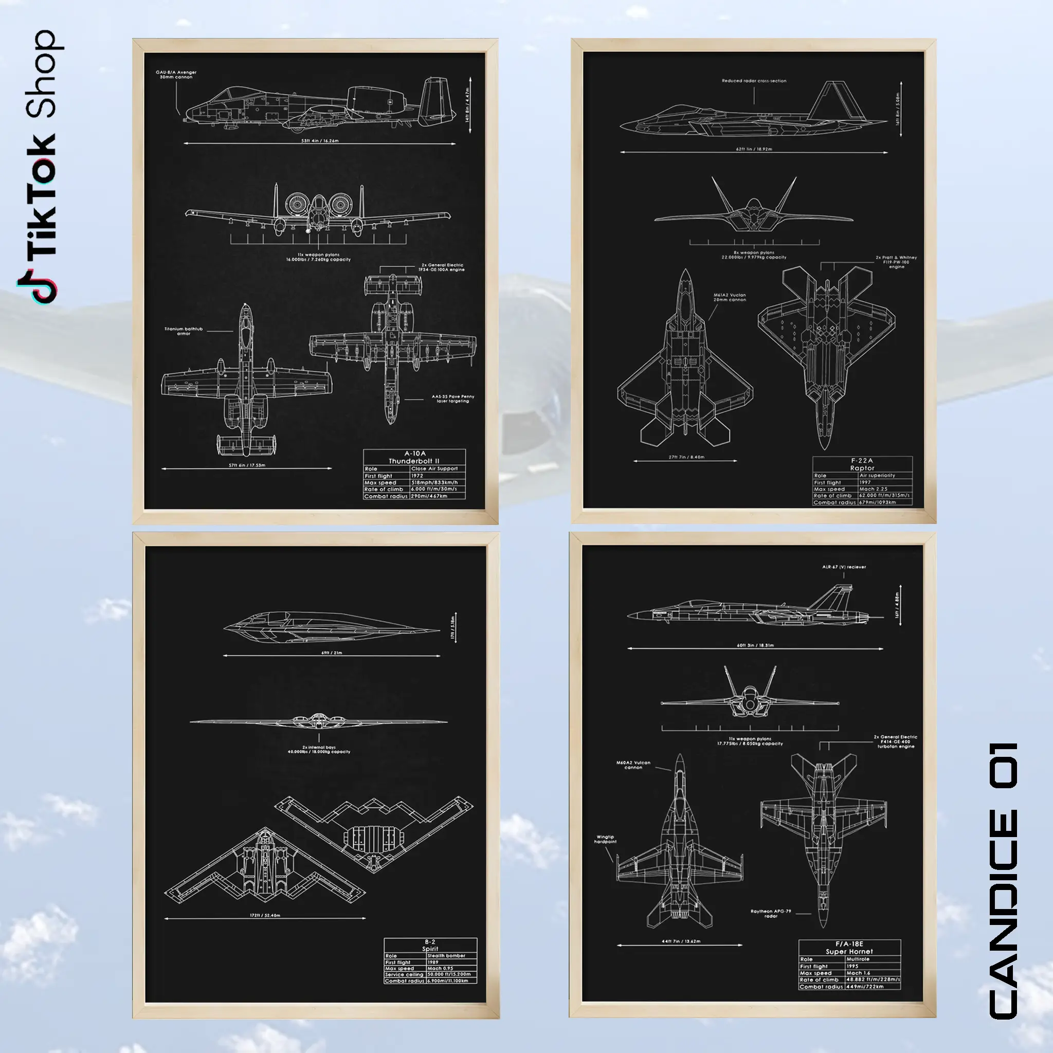 Military Fighter Jets Blueprint Paper Poster - US F-22 Raptor, A-10 Thunderbolt, B-2 Spirit, F/A-18 Hornet Artistic Graphic Photo, Home Decor Wall Art Gift