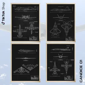 Blueprint Poster US Military Fighter Jets , F22 Raptor, A10 ThunderBoth, B2 Spirit, F/A 18 Hornet,  Blueprint Wall Art, Military Aviation Vintage Decor