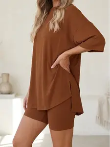 Women's 2-Piece Coord Set - Casual Oversized Polyester Tee and High Waist Biker Shorts for Everyday Summer Loungewear  Fit Baggy Womenswear Loose Breathable