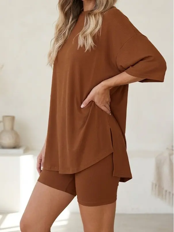 PHEFEE Women's 2-Piece Matching Set - Oversized Polyester Tunic and Stretchy High-Waist Biker Short Bottom, Casual Summer Loungewear, Gym, Clothes, Baggy