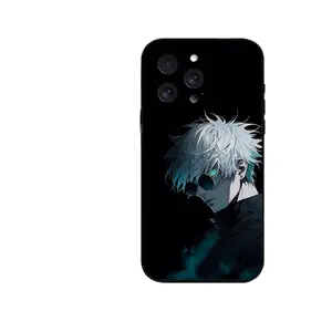 Anime Jujutsu Kaisen Gojo Satoru design liquid metal phone case, compatible with iPhone 17, 16, 15, 14, 13, and 12, black protective case.