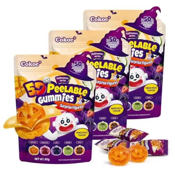 COKOC Halloween Gummy Candy, Individually Wrapped Peelable Mixed Fruit Gummies in Pumpkin, Ghost, Vampire, Skull and Cat Shapes, Trick-or-Treat Party Favors, 2.12 oz Each Bag(Pack for 3)