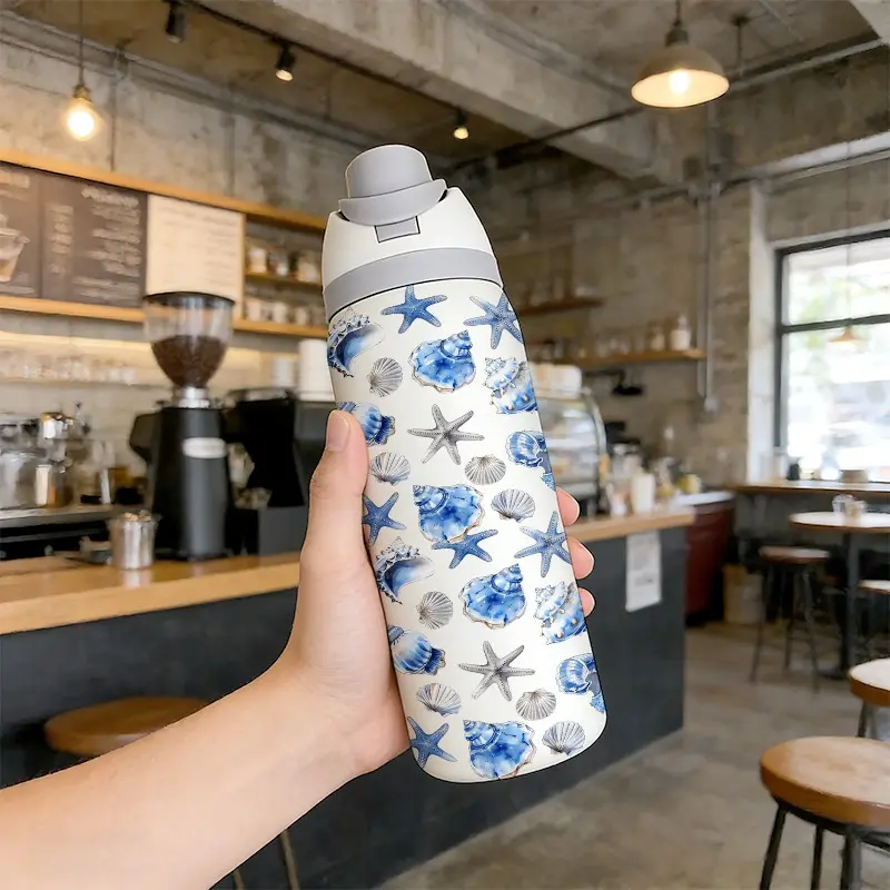 32oz Dual-Use Sports Water Bottle Insulated Travel Tumbler with Lid, Ocean Shell Creative Design, 304 Stainless Steel Large Capacity Double Wall Insulated Cup, Perfect Gift for Women, Portable, Insulated Leakproof