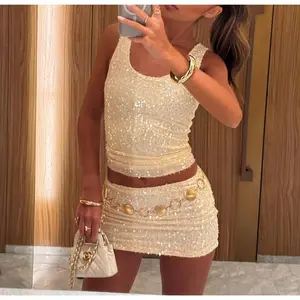 Women 2pcs Set Sequin Sleeveless Tank tops With Mini Skirt??gift??