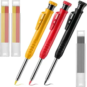 3 Pack Solid Carpenter Pencil with 21 Refill, Long Nosed Deep Hole Mechanical Pencil Marker with Built in Sharpener for Carpenter, Design