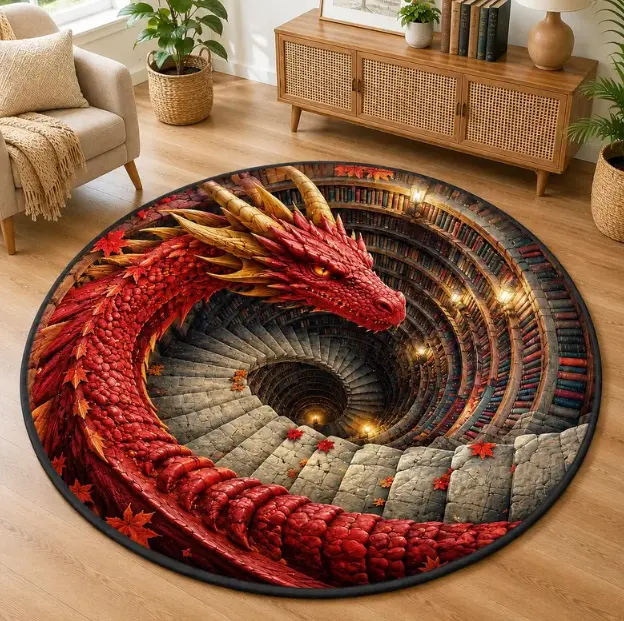 [3D Dragon, Fantasy, Medieval, Library, Gamer] 3D Dragon Round Rug, Fantasy Library Staircase Carpet, Red Dragon Floor Mat, Medieval Room Decor, Unique Gamer Area Rug