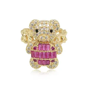 14K Gold Plated Teddy Bear Adjustable Ring – Baguette CZ Crystal Bear Statement Ring for Women