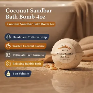 Sandbar SUDS Natural Handmade Bath Bomb COCONUT SANDBAR 4oz with Toasted Coconut Aroma & Phthalate-Free Ingredients