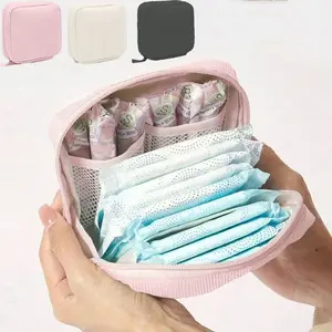 Flannel Sanitary Pad Storage Bag, Portable Striped Fabric Organizer, Simple Style for Women, Travel Essential Makeup Pouch, Cosmetic Pouch