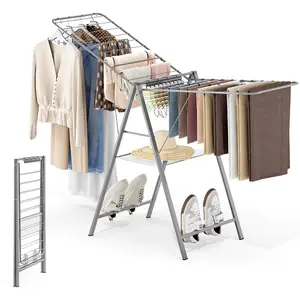 Drying Rack Clothing, Clothes Drying Rack Foldable, Metal Laundry Drying Rack Collapsible for Sweater Towel Indoor & Outdoor, Height Adjustable Gullwing Clothes Airer, Grey