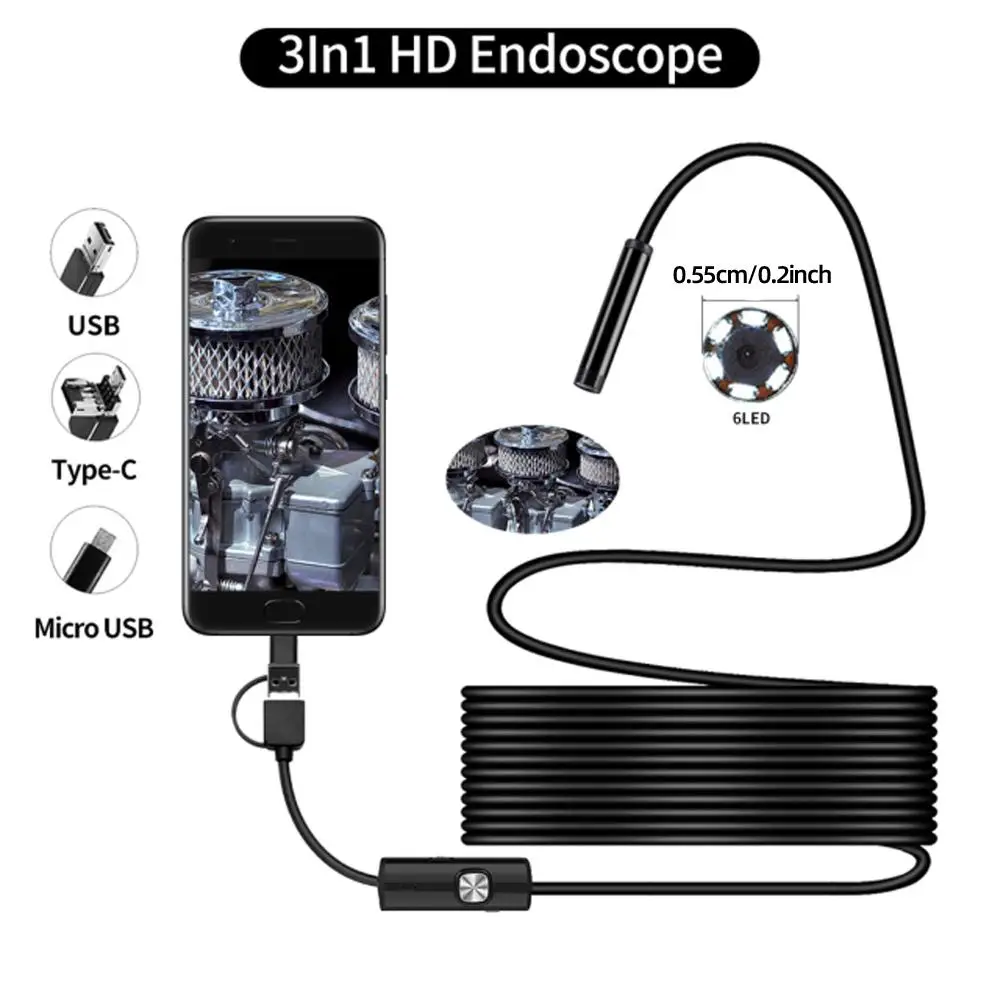 Endoscope Camera, 1Count 3 in 1 Waterproof 6LED Light Pipe Car Inspection Camera, Industrial Endoscope Camera for Android Phone, Assistive Diagnostic