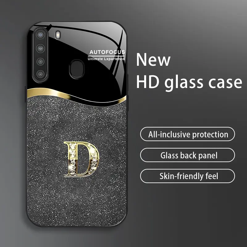 Suitable for [Galaxy A21] New high-end flashing letter glass mobile phone case New business simple metal paint electroplated glass mobile phone case Affordable anti-fall and anti-fingerprint-888