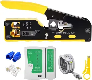 Professional RJ45 Pass Through Crimp Tool Kit Complete Ethernet  Crimper Set with Tester 30 Cat6 Connectors & Covers for Cat5/Cat5e/Cat6