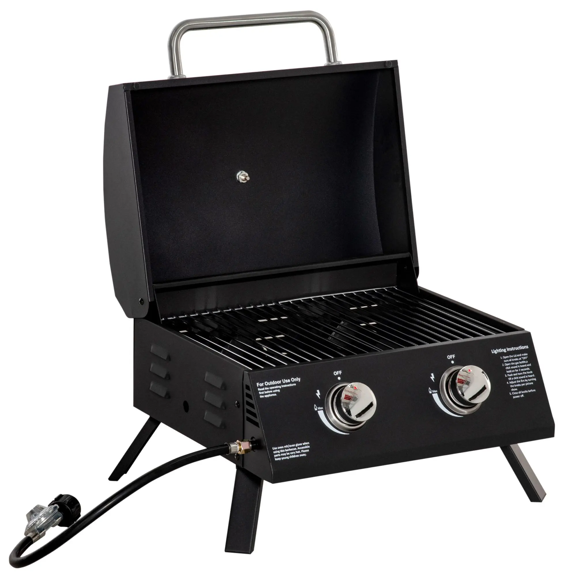 Outsunny Stainless Steel 2-Burner Propane Gas Barbecue - Portable Tabletop Open Flame Grill, Cookout Ready Grilling Outdoor Cooking Equipment with Foldable Legs, Lid, Thermometer, Handles, Compact Storage for Camping, Backyard, Black, Easy Cleaning