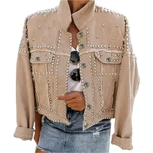 Dressy Rivet Studded White Cropped Jean Jacket Women Western Distressed Washed Denim Coat