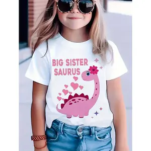 Big Sister Saurus" Pink Mesh T-Shirt for Girls - Breathable & Fun Dinosaur Print Short Sleeve Tee with Heart Accents, Casual Crew Neck Top for Youngsters, Everyday Tshirt | Playful Graphic Tee | Breathable Fabric, Dinosaur Birthday Party Supplies