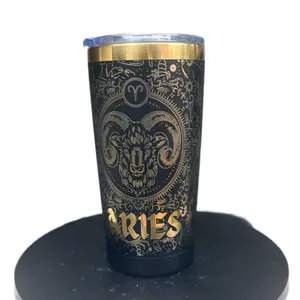 Aries Horoscope Tumbler 20oz with Gold Accents and Detailed Ram Design Drinkware Mug Cup Beverage Flasks Aesthetic Bottles Bottled Portable