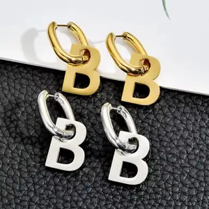 Beaux Box B Bold Earrings - Gold or Silver-Tone Stainless Steel Non Tarnish Letter B Design Hoop Earrings for Stylish Wear