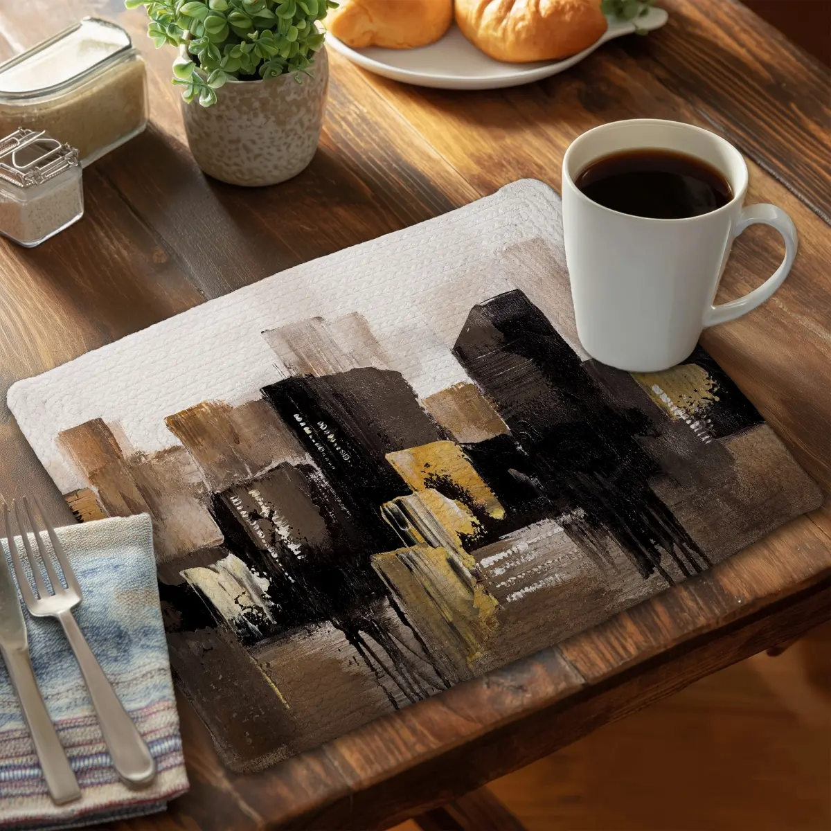 360 stand Rectangular Polyester Tableware Placemat, 14x18 in Brown Braided Fabric, Stylish Earthy Tones Abstract Cityscape Design, Compatible with Coasters (CBPM1418G52Z07), Aesthetic, & Coasters Decorative Protective Placemats, Rectangle, Fabric Placemat