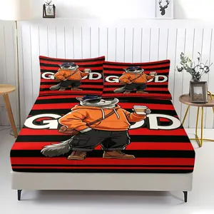 Handsome cat pattern printed bed sheet, including 1 bed sheet and 2 pillowcases, anti slip dust cover suitable for bedrooms and guest rooms, suitable for personal use or gift giving