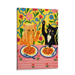 Whimsical Cat Art Print Cats Eating Spaghetti, Playful Kitchen Decor
