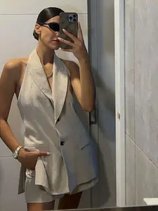Linen Women's Vest Beige Halter Sleeveless Lapel Neckline Blazer 2025 New Working Vest Cardigan New In Outerwears Button Up Elegant Formal Clothes Woman
