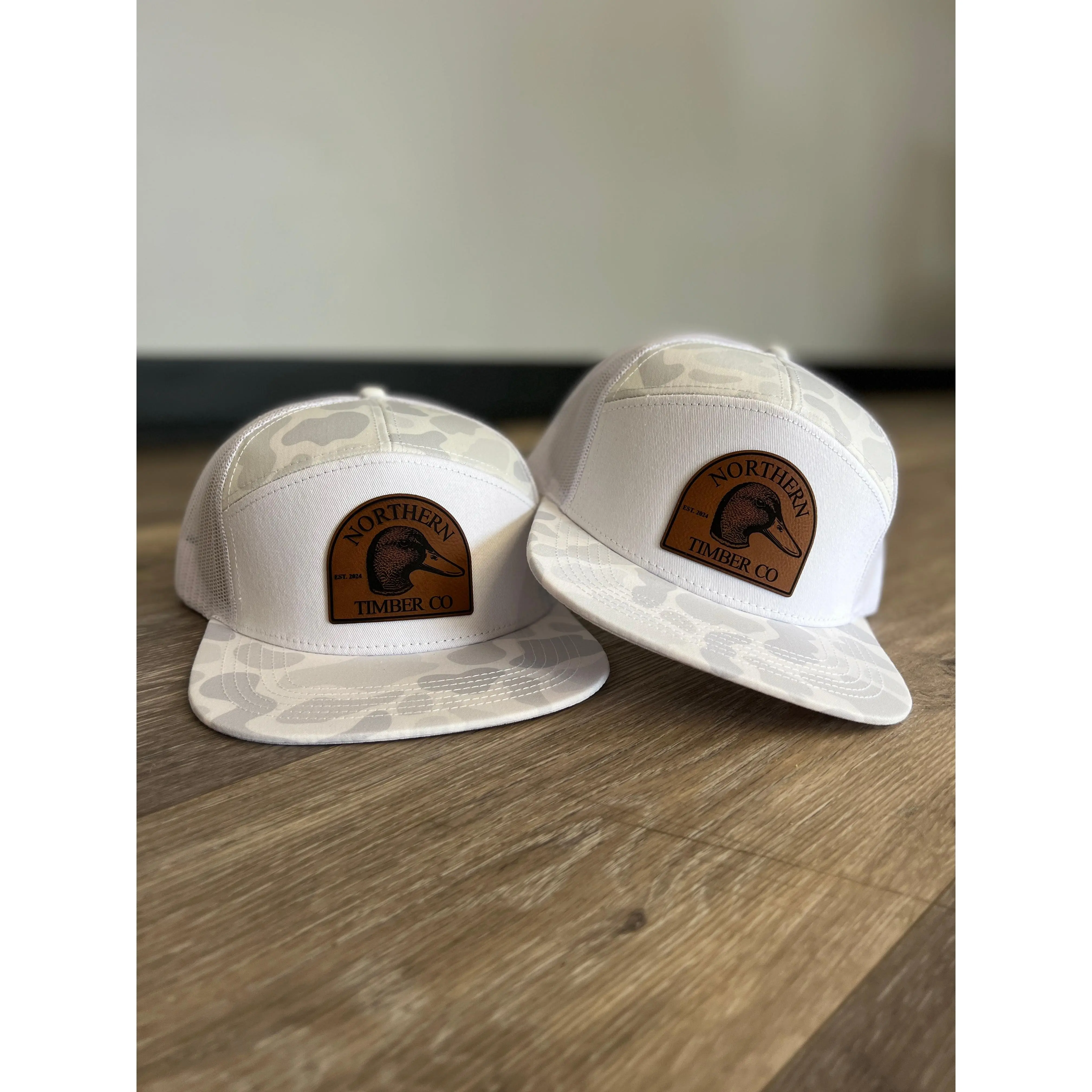 White Camouflage 7-Panel Snapback Hat, Camouflage Print Fashion Accessory Cap, Camouflage Snapback Hat
