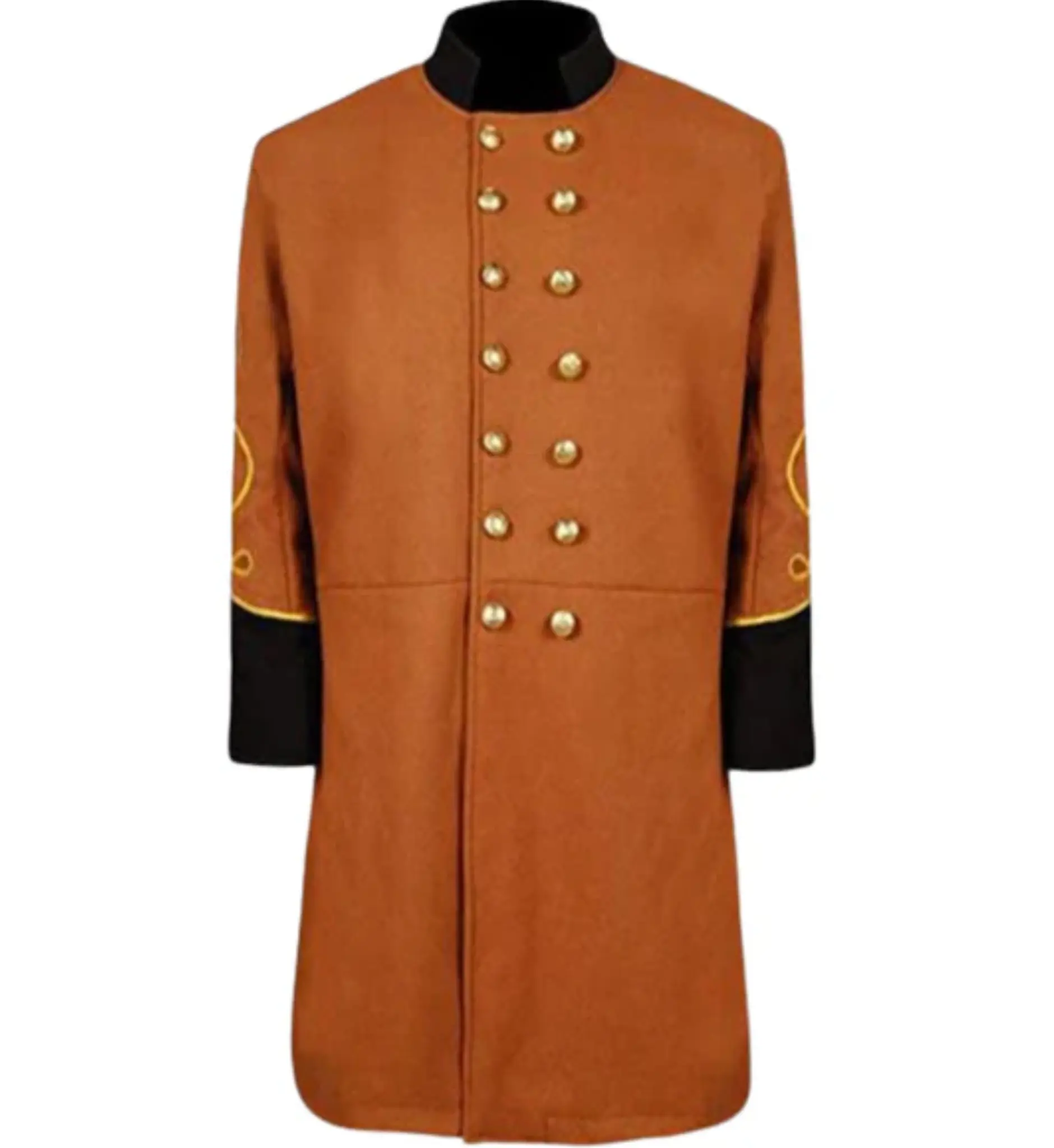 Men's Union Captains Civil War Butternut Frock Coat Military Reenactment with Gold Buttons & Black Trim