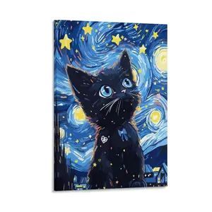 Van Gogh Starry Night Cat Canvas Wall Painting Famous Oil Black Cat Poster Color Abstract Starry Sky Gallery Aesthetic Room Wall Art Canvas Poster Bedroom Decor Sports Landscape Office Room Decor Gift Frames Ornaments Artistic Print Photo Decoration