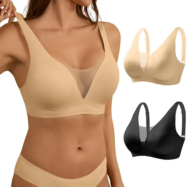 Deangelmon Womens Wireless Bras Full Coverage Deep V Mesh Bra Comfortable Seamless Soft Padded Sleep Bralettes
