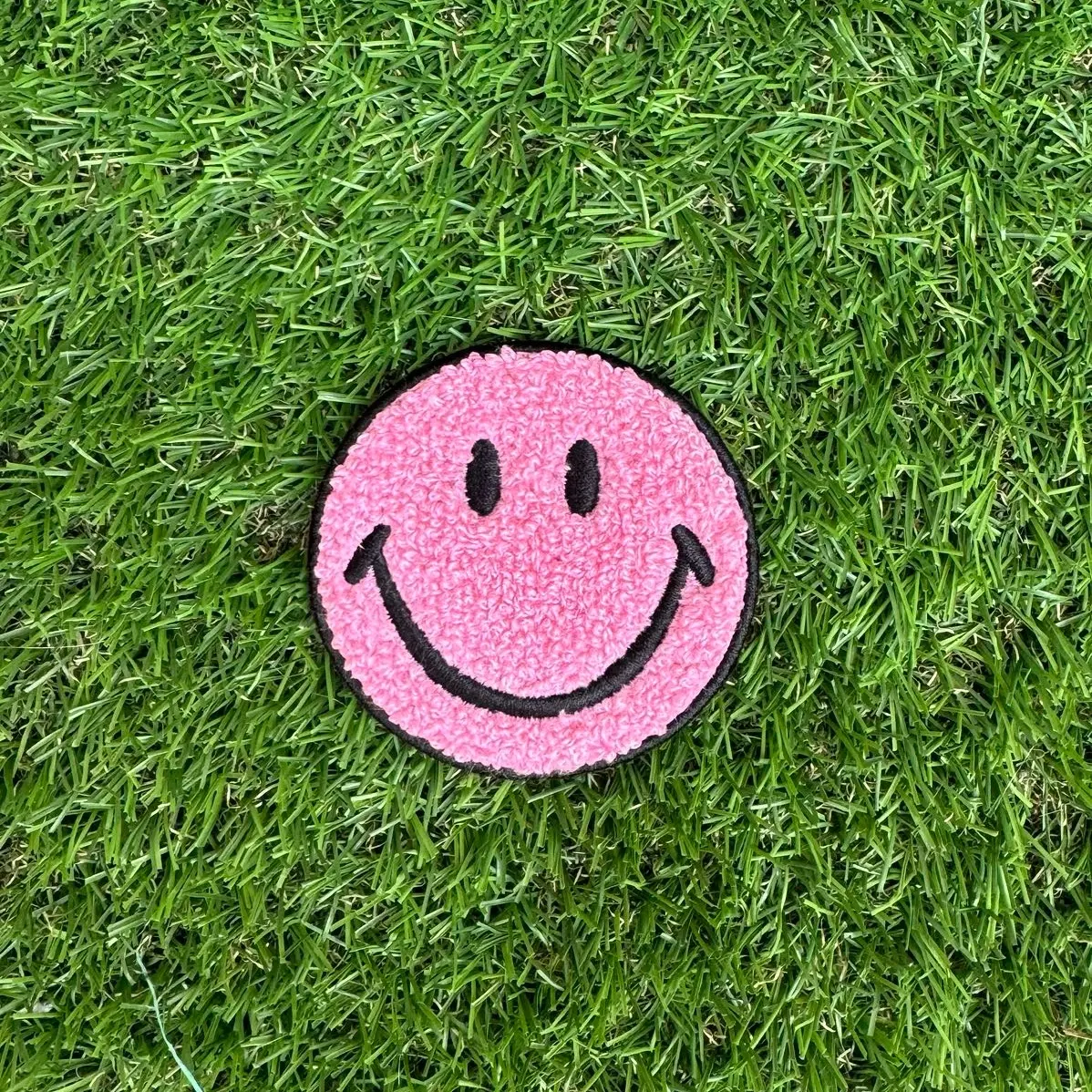 Pink Smiley Chenille Iron On Patch 3x3 inches