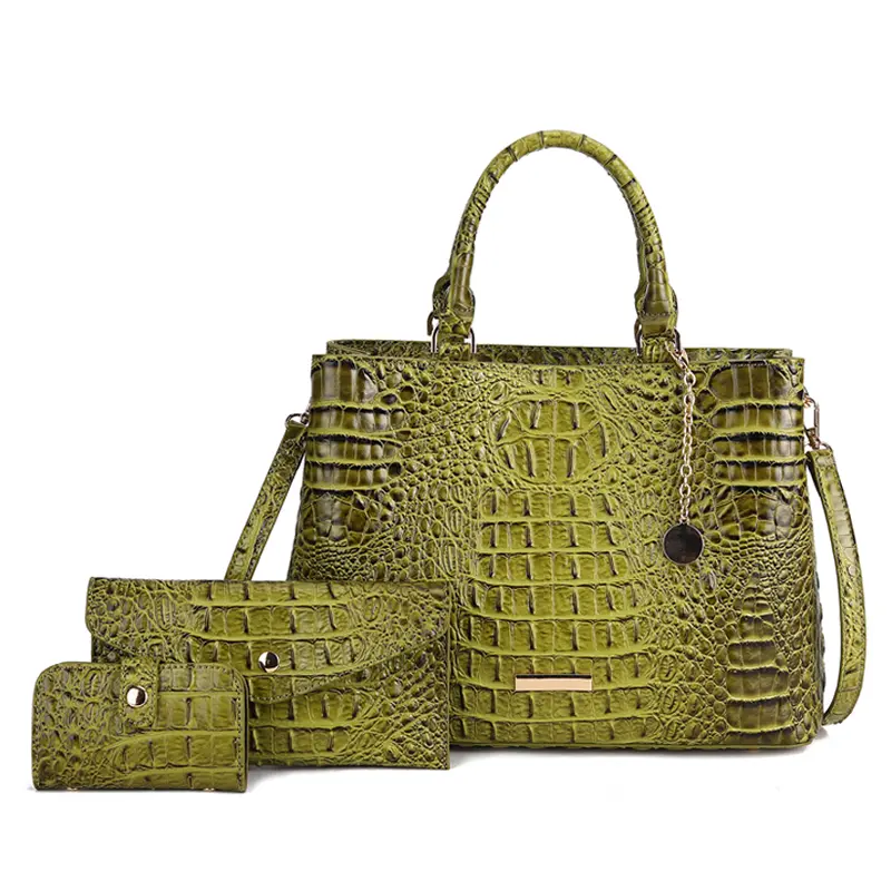 Women's 3-Piece Crocodile Print Handbag Set - Top Handle Satchel, Clutch, and Coin Purse for Everyday Use